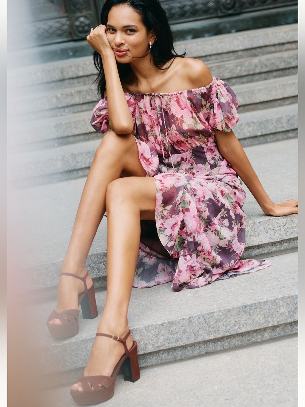 For Love And Lemons Pink Floral Off-Shoulder Midi Dress